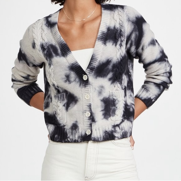 Autumn Cashmere Tie Die Cable V Neck Cardigan In Navy And Natural
